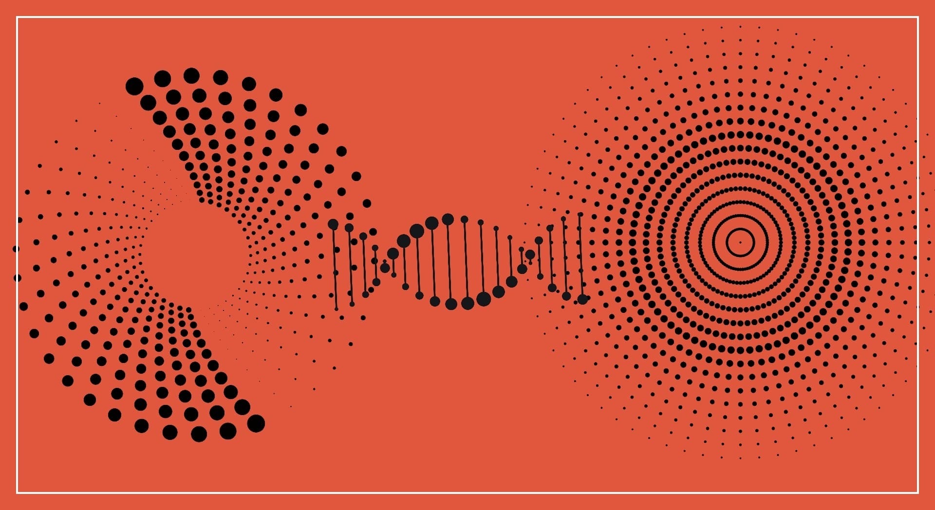 Two different styles of circle representing subjects in difference relating through a double helix representing the complexity of reciprocity.