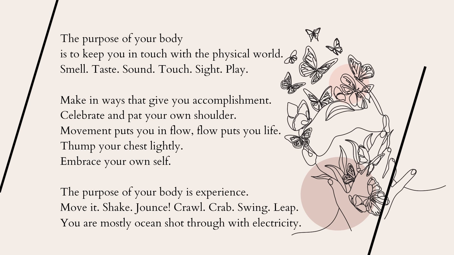 Graphic of a woman's head morphing into butterflies accompanied by text that reads in part: The purpose of your body is to keep you in touch with the physical world. You are mostly ocean shot through with electricity. 