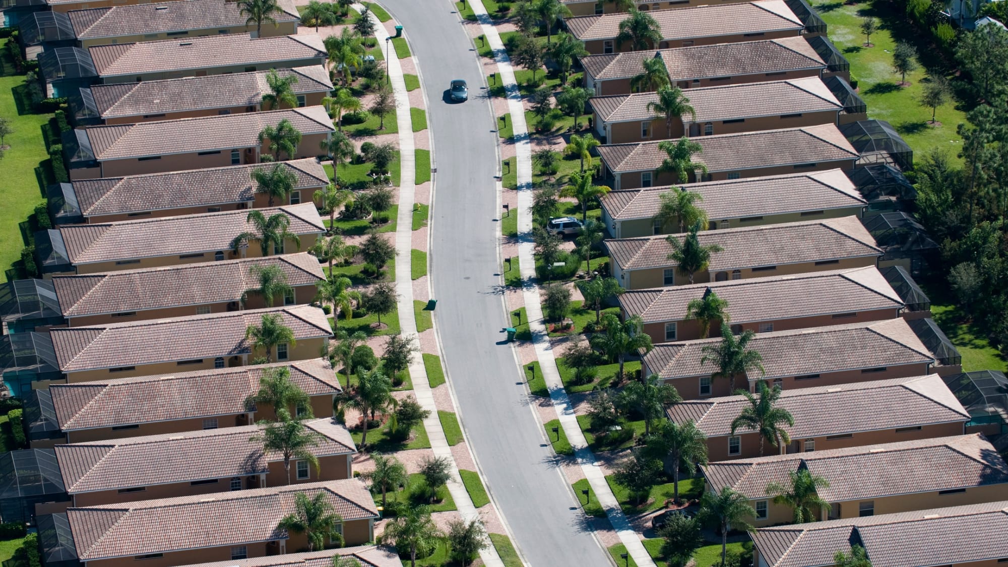 A US suburban street, identical houses, even the trees and shrubs are the same.