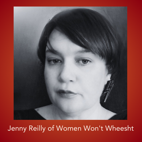 Black and white portrait of Jenny with short hair, lightening bolt earring, and serious expression