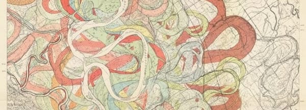 Detail of overlay map of paths taken by Mississippi River.