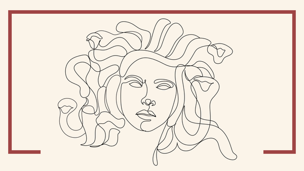 Line drawing of abstract Medusa with red ochre frame on bone colored background.