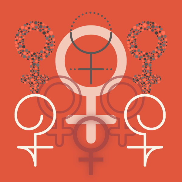 Various styles of woman/Venus symbols on a bright cherry background.