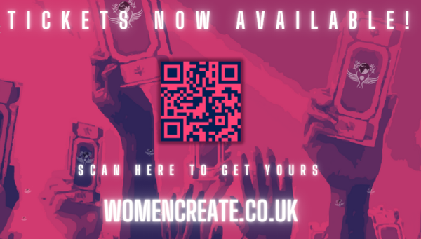 Banner for Women Create conference with QR code for tickets and informa